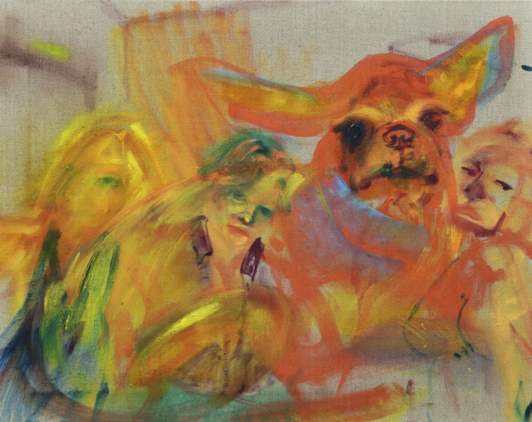 Figurative group painting with a large dog in orange, yellow and green