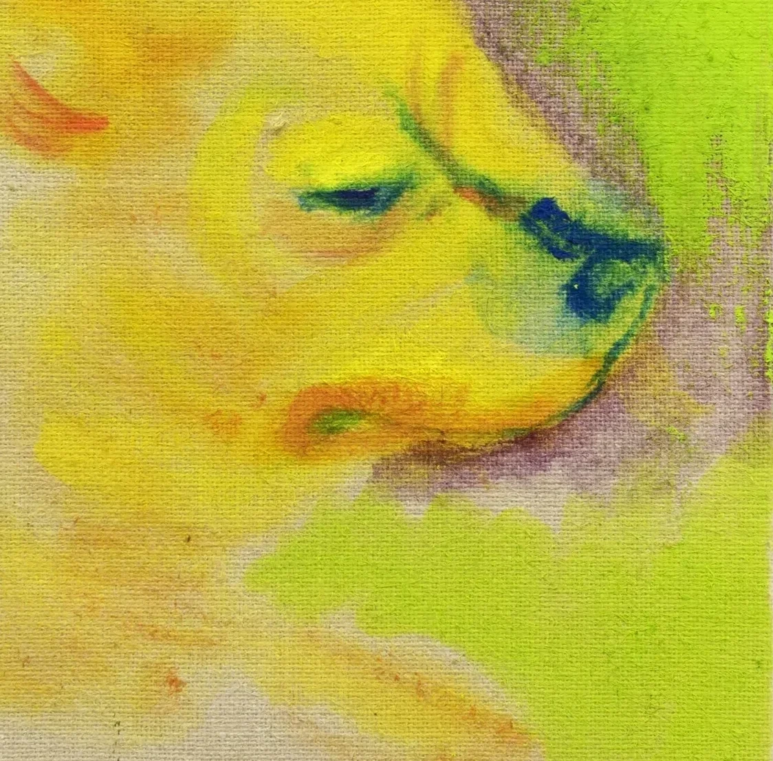Small portrait painting in yellow, green and blue