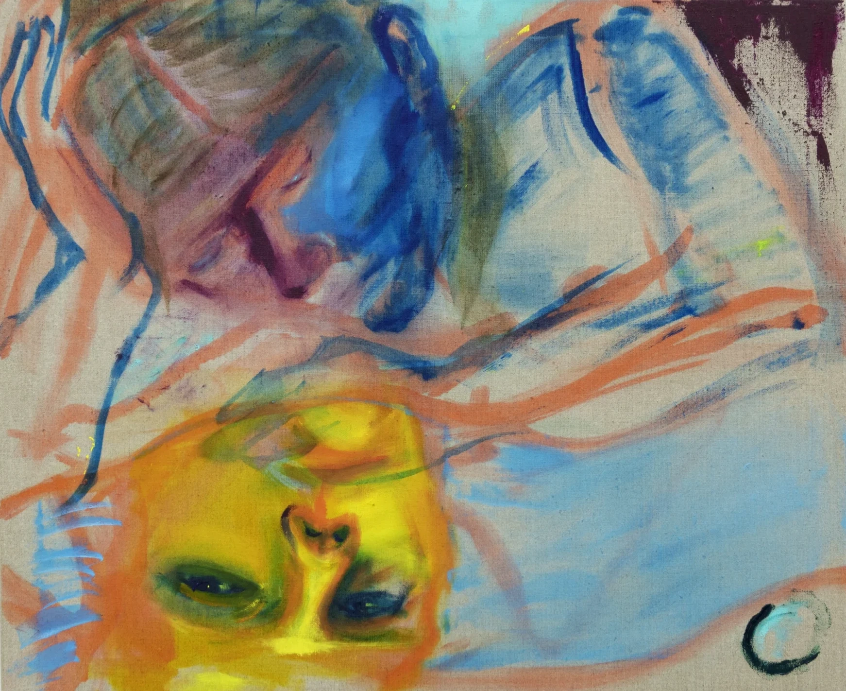 Two inverted figures painted in cobalt blue, coral and yellow