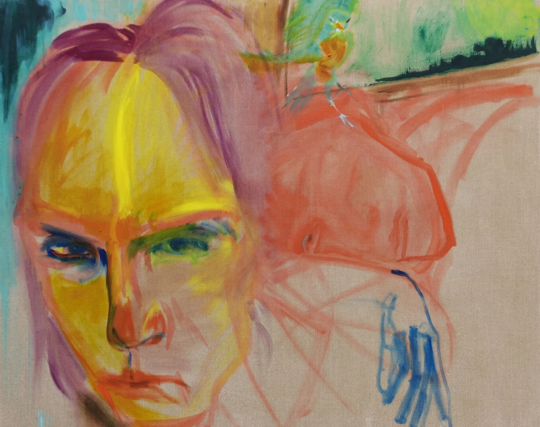 Portrait with bird painted in yellow, coral, turquoise and violet