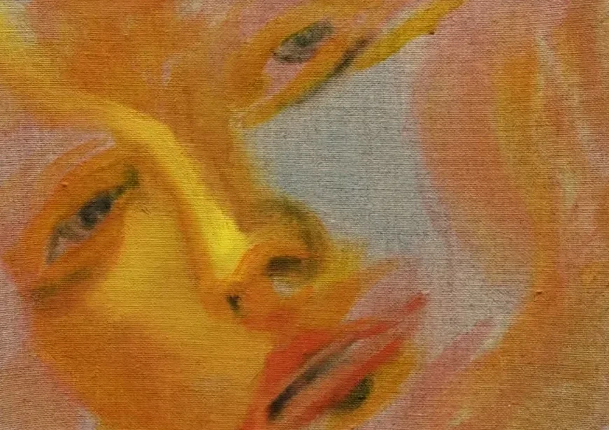 Close portrait painting in orange, pink and yellow