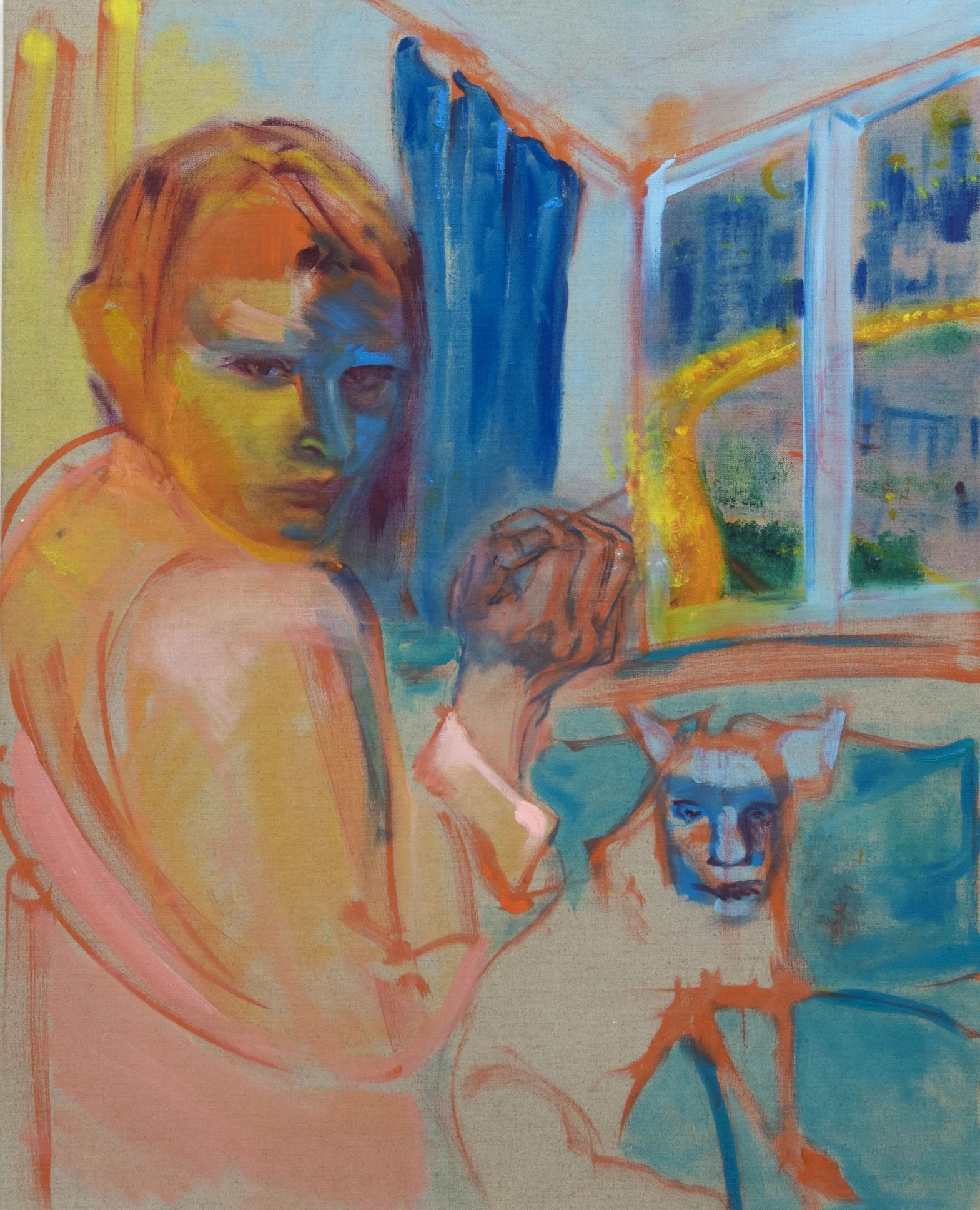 Three figures in an interior painted in coral, turquoise and cobalt