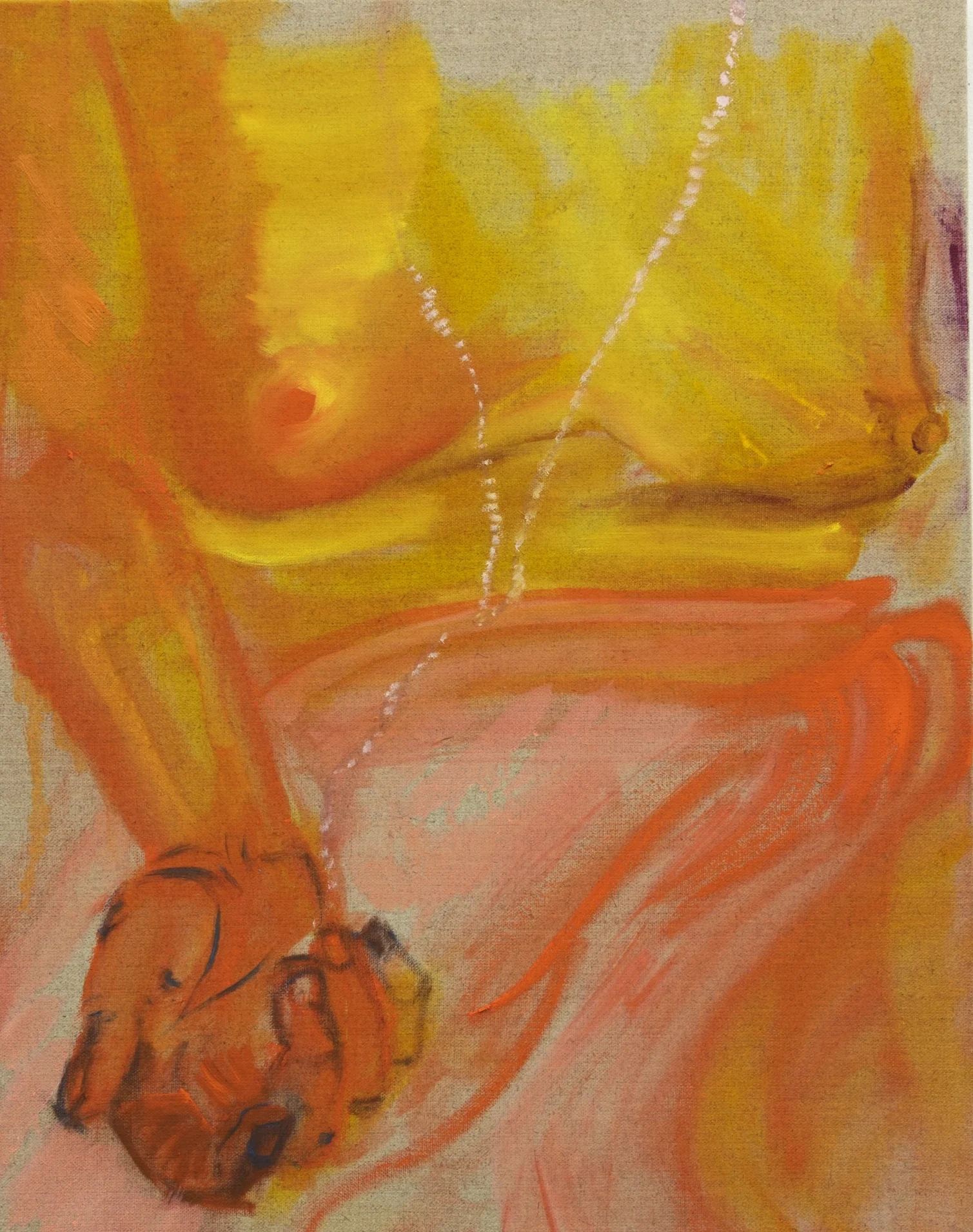 Figurative painting in yellow and orange with a pearl necklace