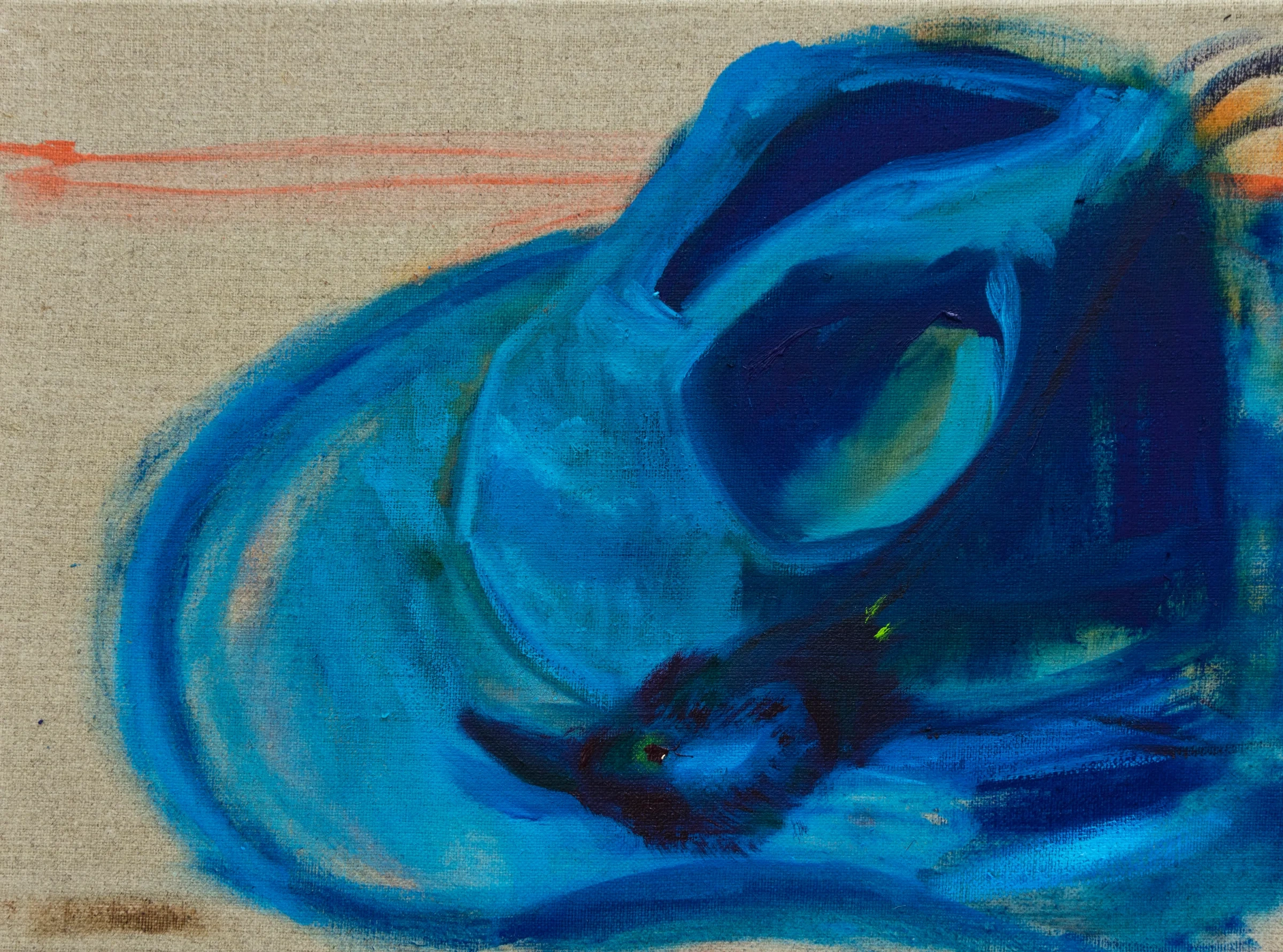 Blue still life painting on raw linen