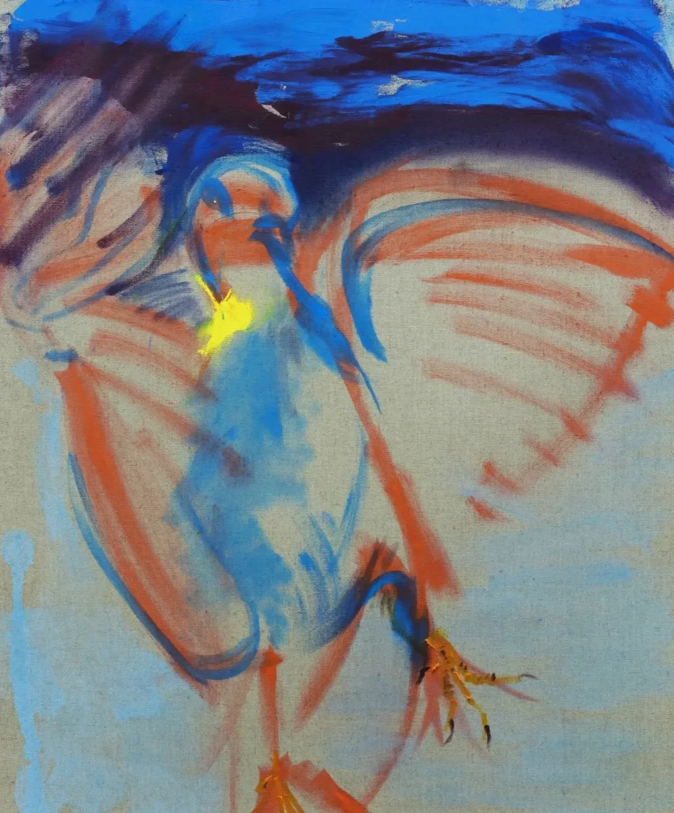 Blue bird painting with orange and coral gestures
