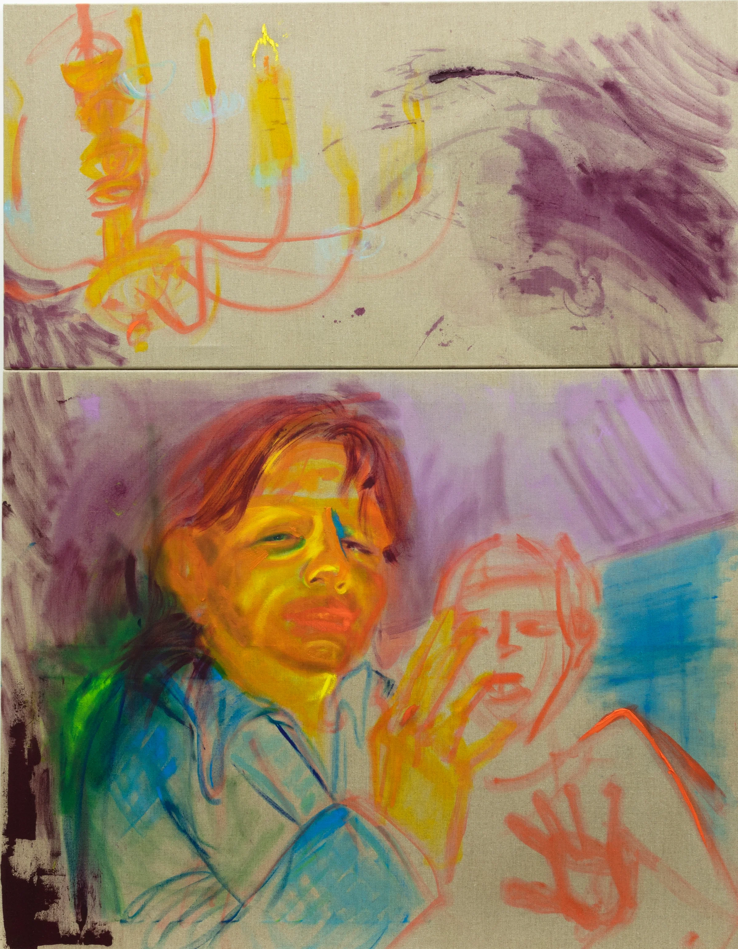 Two-panel figurative painting in yellow, violet, blue and orange