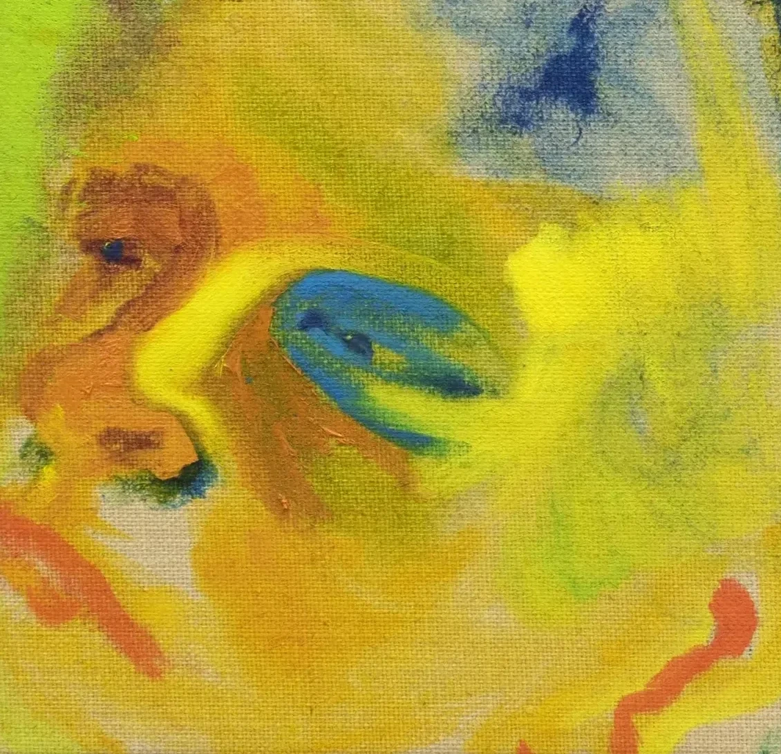 Small figurative painting in yellow, orange, blue and green