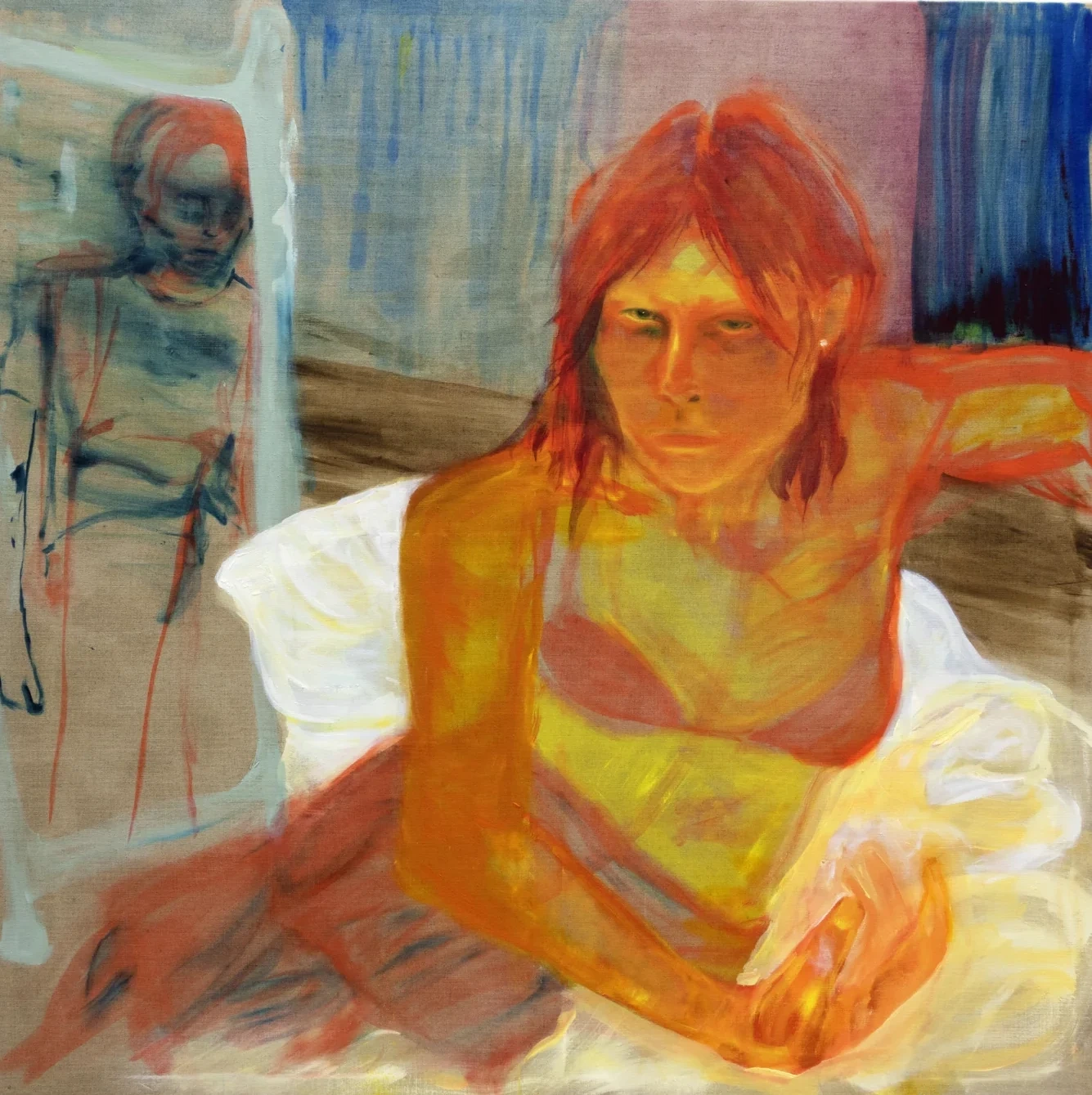 Seated figure in orange and yellow with a second figure reflected behind