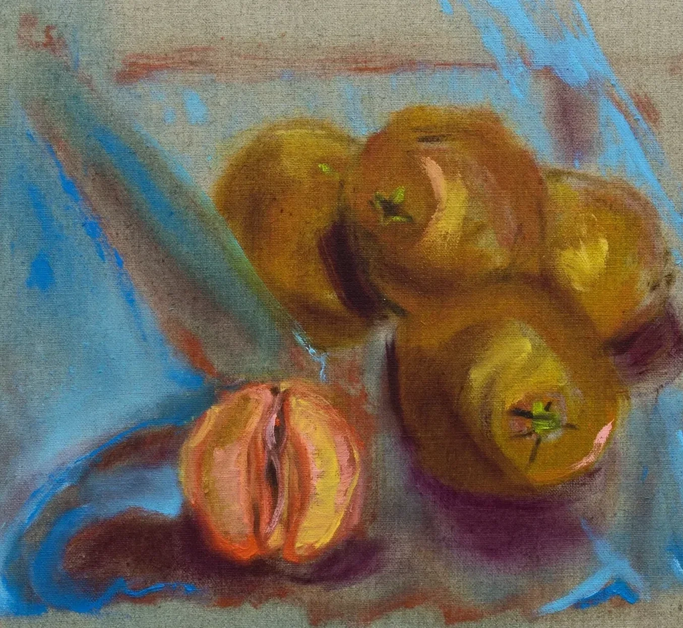 Still life painting of oranges in blue, orange and raw linen