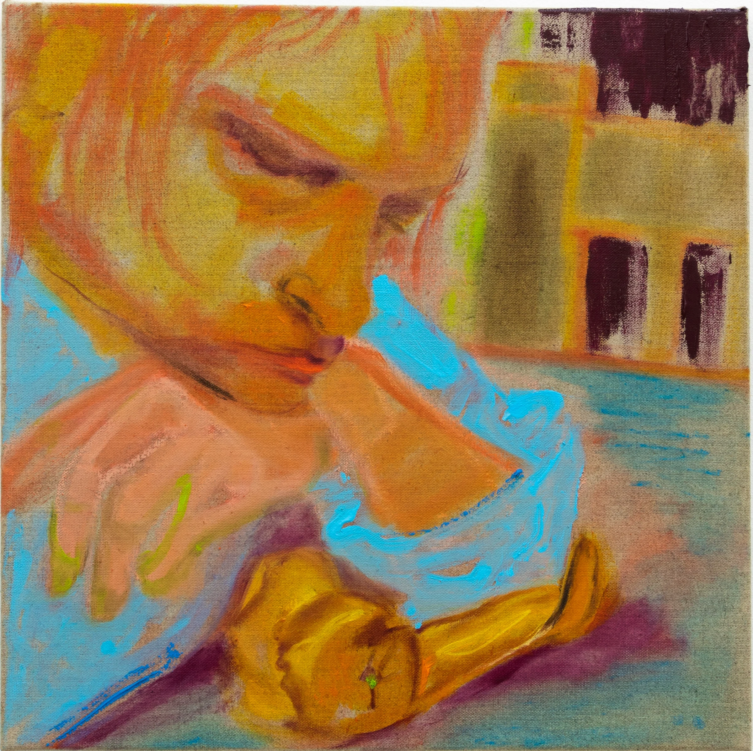 Figurative painting with peeled oranges in orange, blue and plum