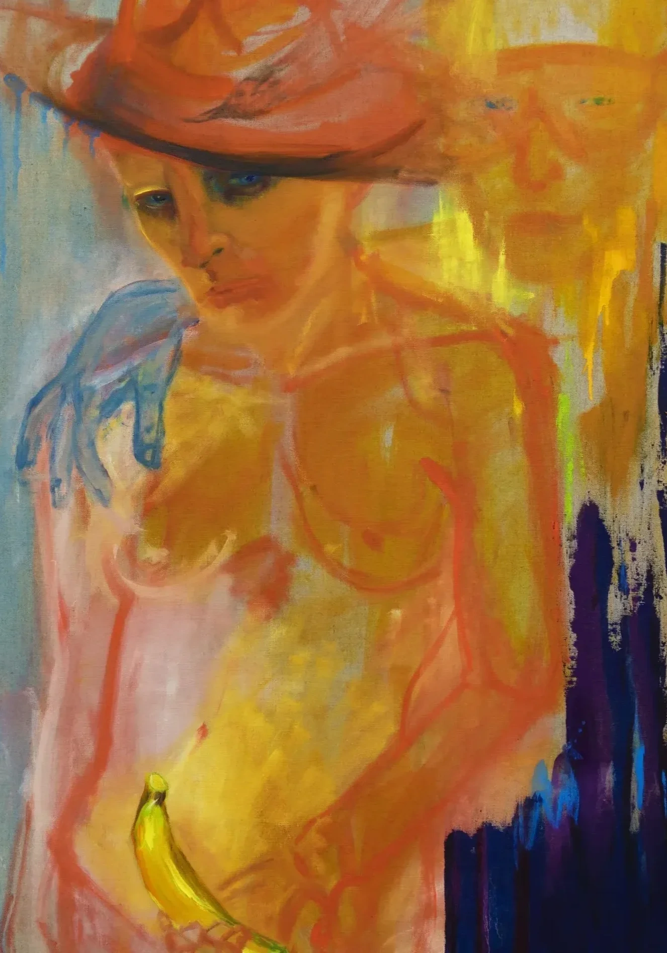 Figurative painting with two figures in orange, yellow, blue and plum
