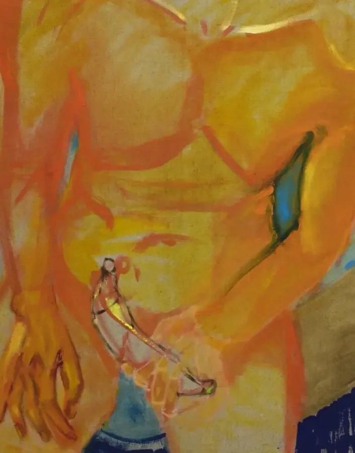 Figurative painting in orange, yellow, blue and raw linen