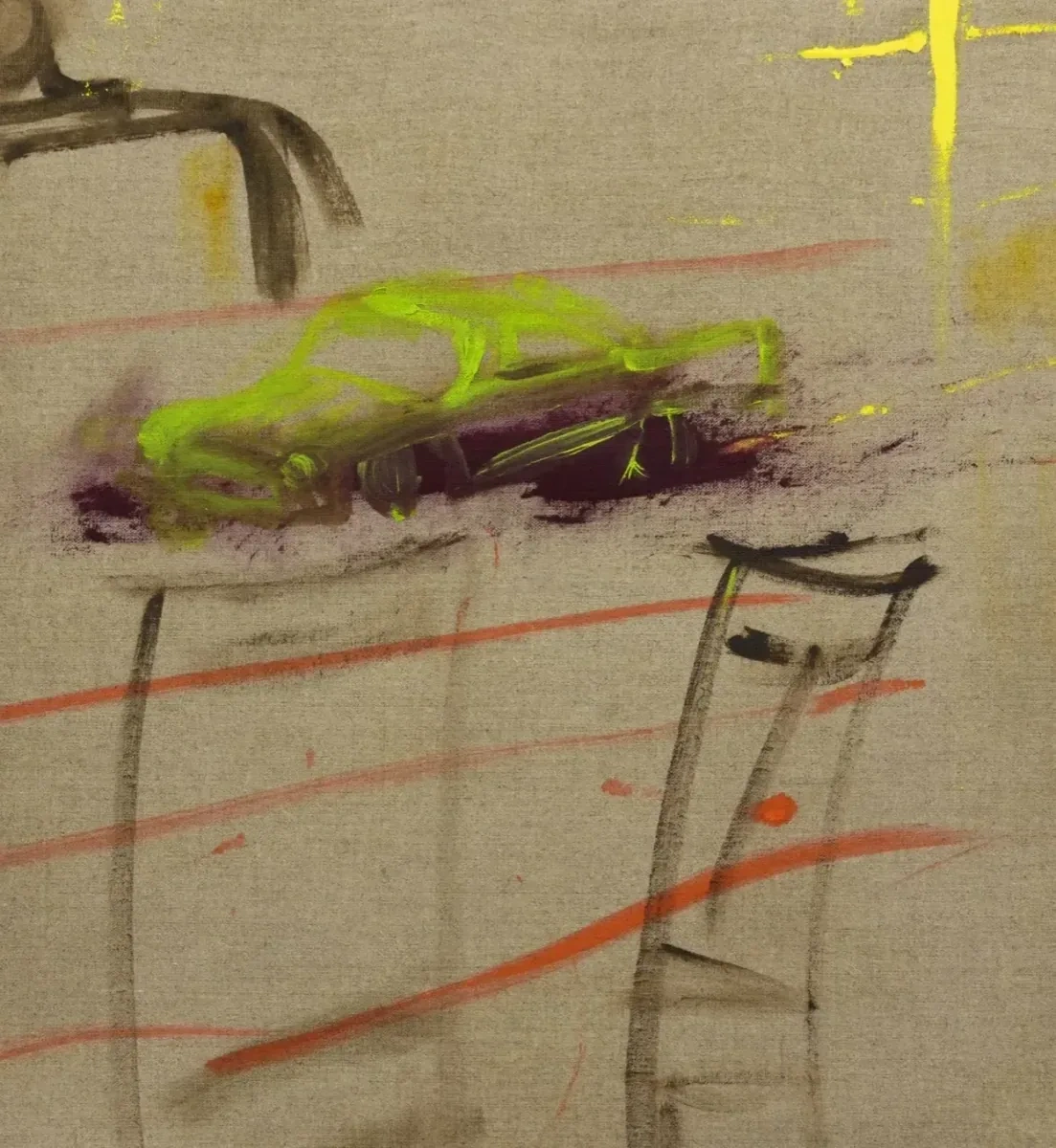 Green car painting on raw linen