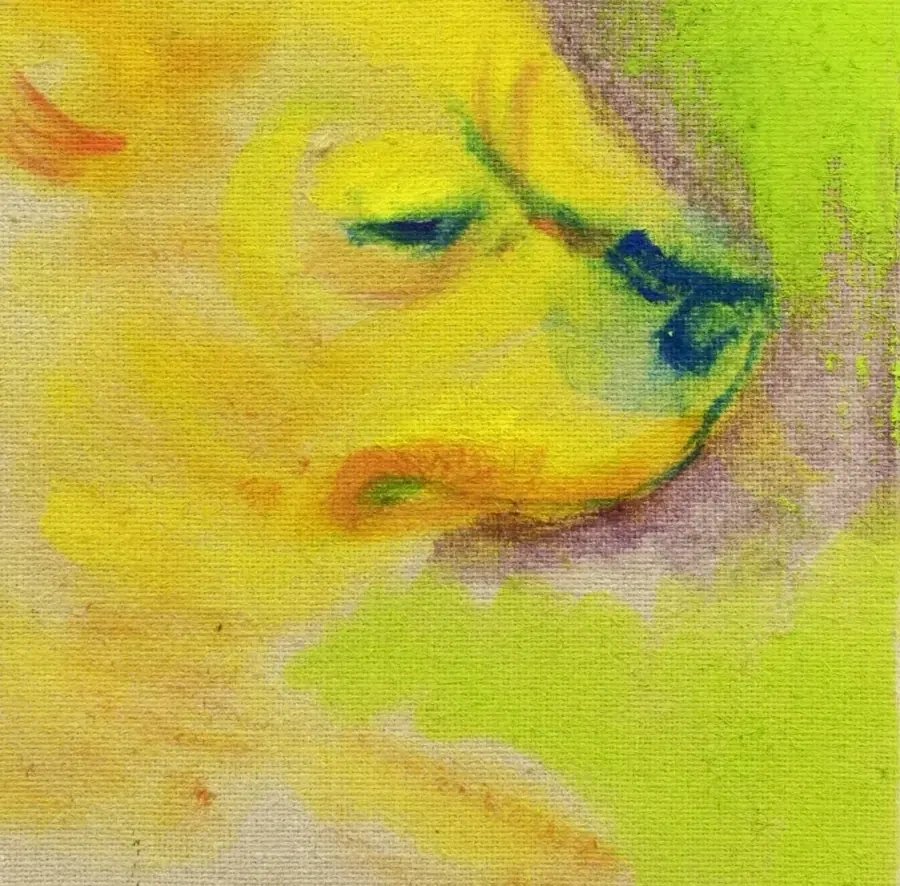 Small portrait painting in yellow, green and blue