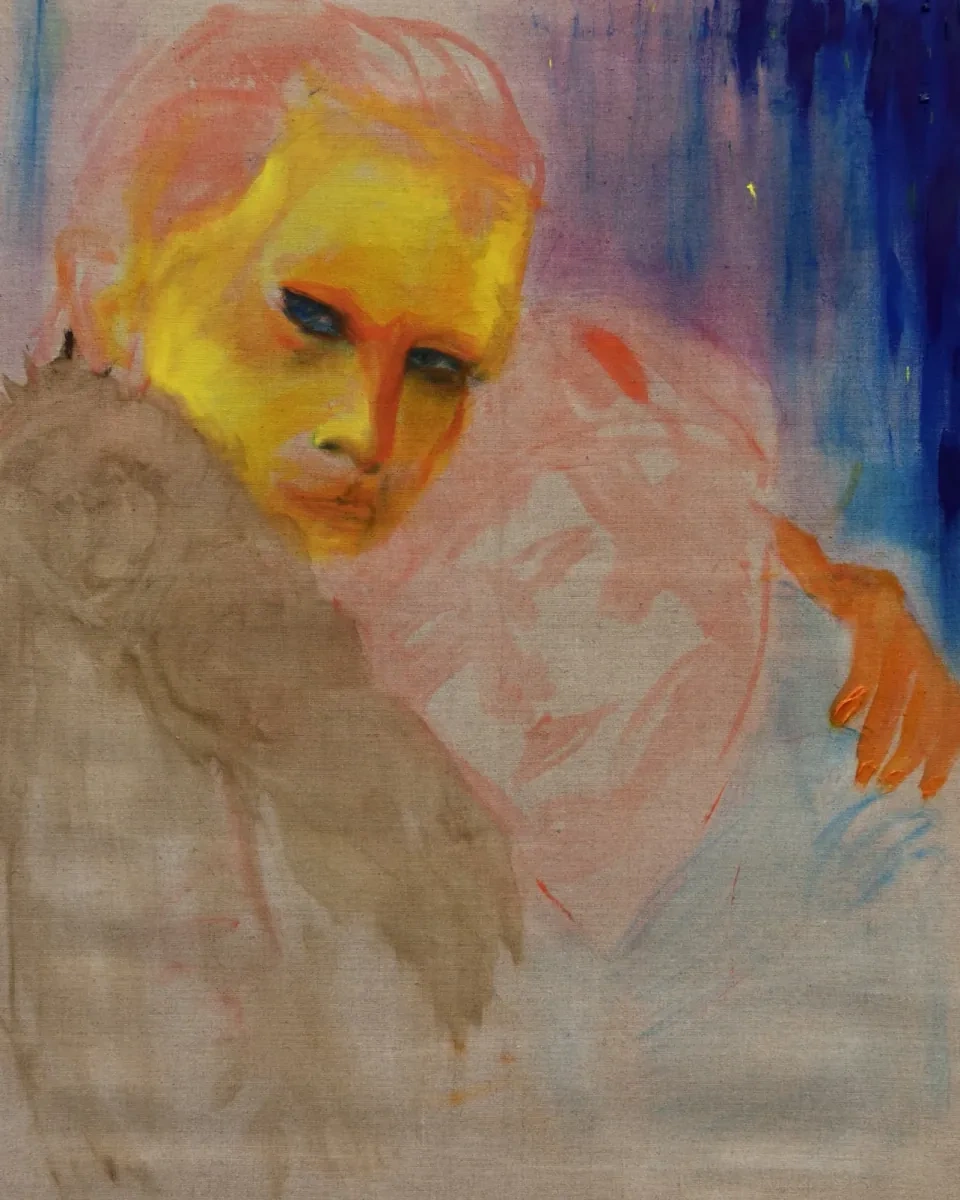 Close portrait in yellow, orange, raw linen and deep blue