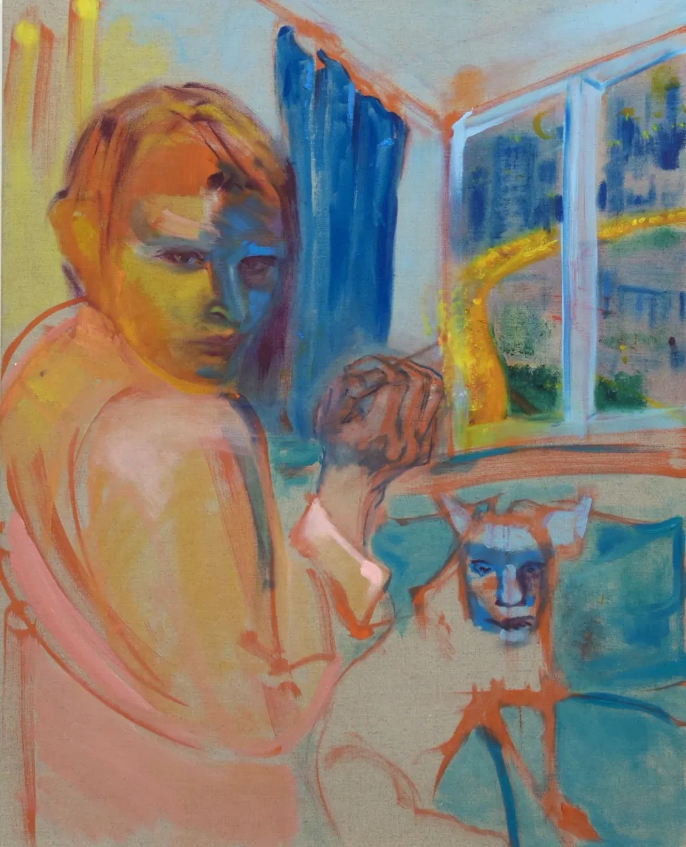 Three figures in an interior painted in coral, turquoise and cobalt