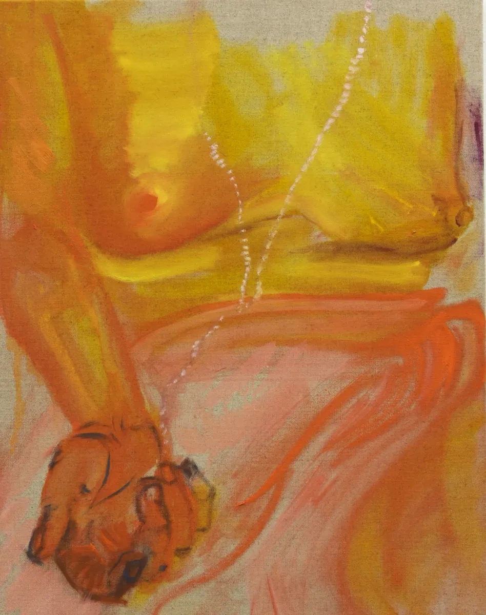 Figurative painting in yellow and orange with a pearl necklace