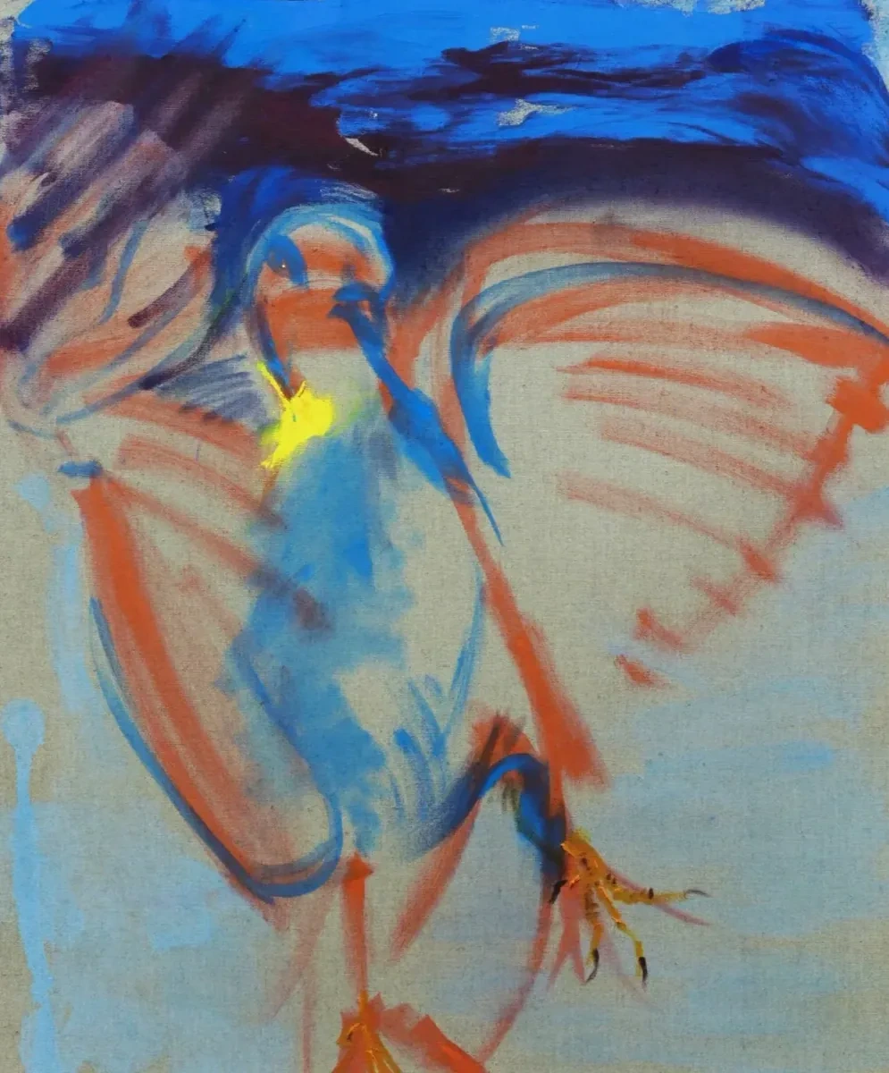 Blue bird painting with orange and coral gestures