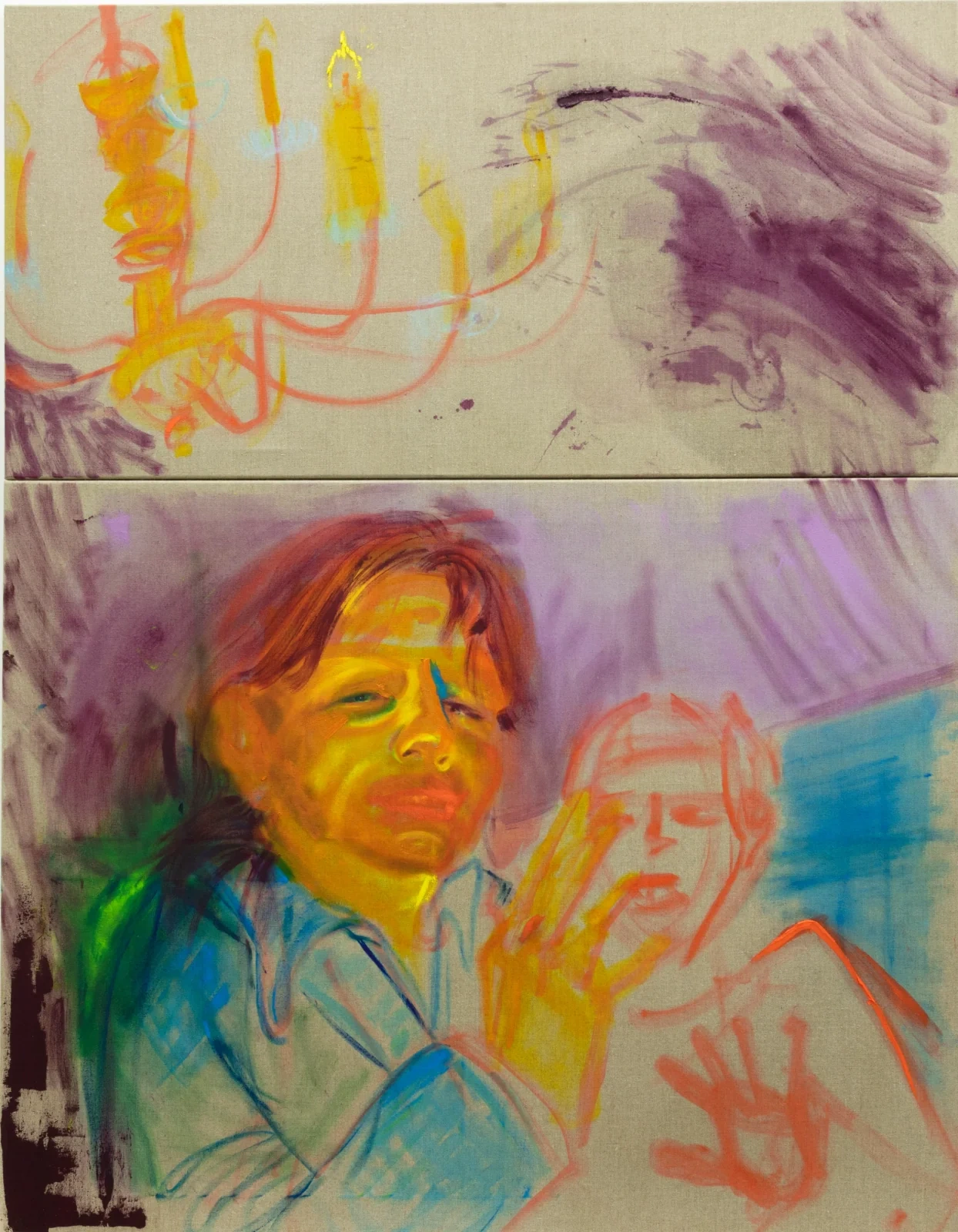Two-panel figurative painting in yellow, violet, blue and orange