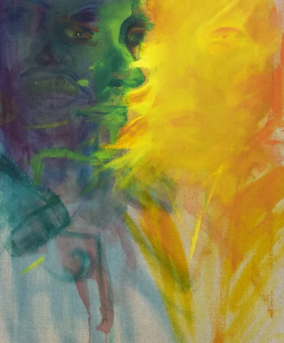 Portrait painting divided by bright yellow light
