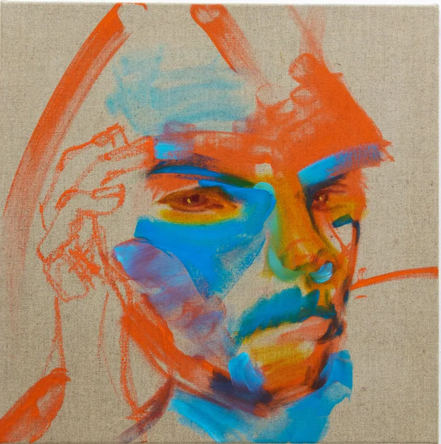 Portrait painting in orange, blue and raw linen