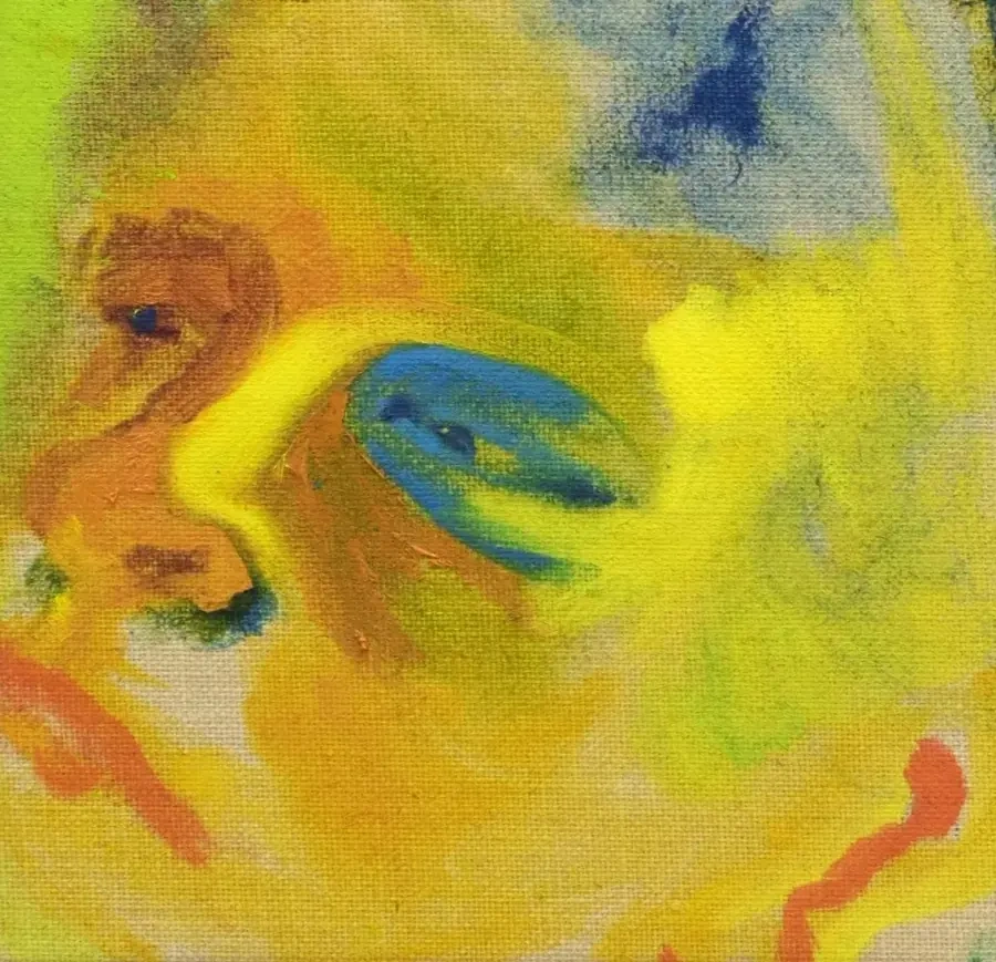 Small figurative painting in yellow, orange, blue and green