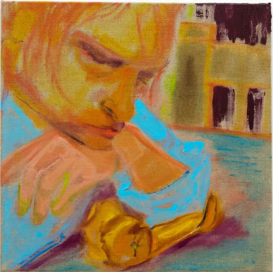Figurative painting with peeled oranges in orange, blue and plum