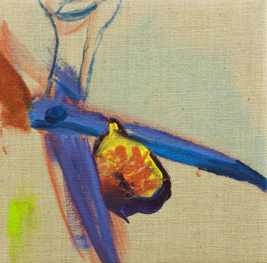 Blue scissors and a fig painted on raw linen