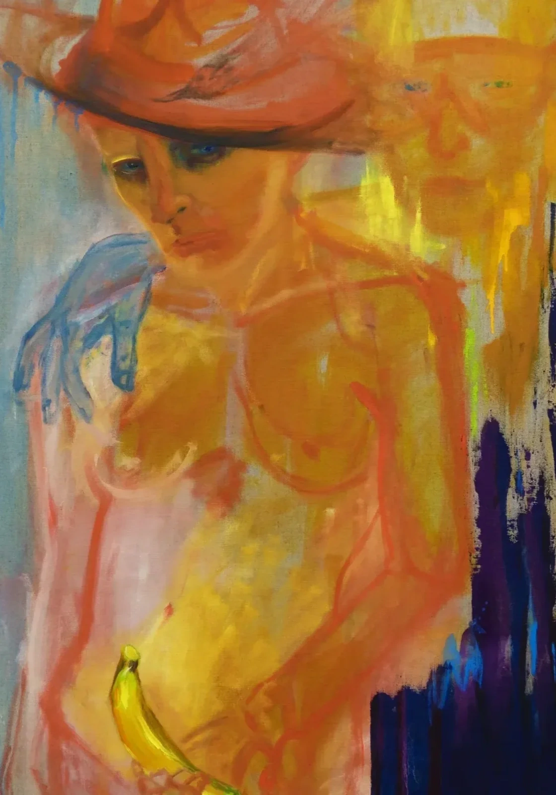 Figurative painting with two figures in orange, yellow, blue and plum