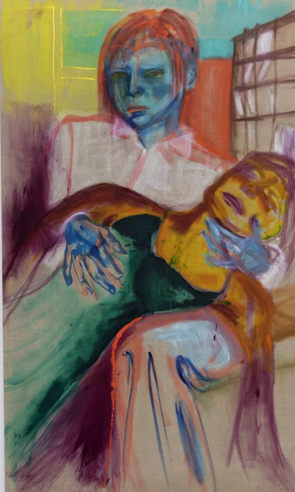 Two figures in an interior painted in turquoise, yellow, green and plum