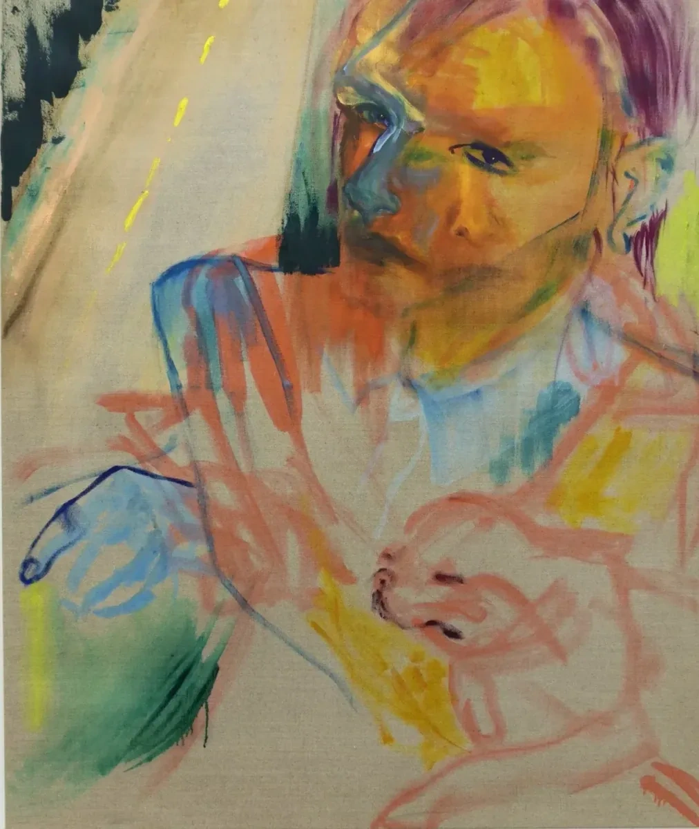 Portrait painting with two figures in orange, blue, green and raw linen