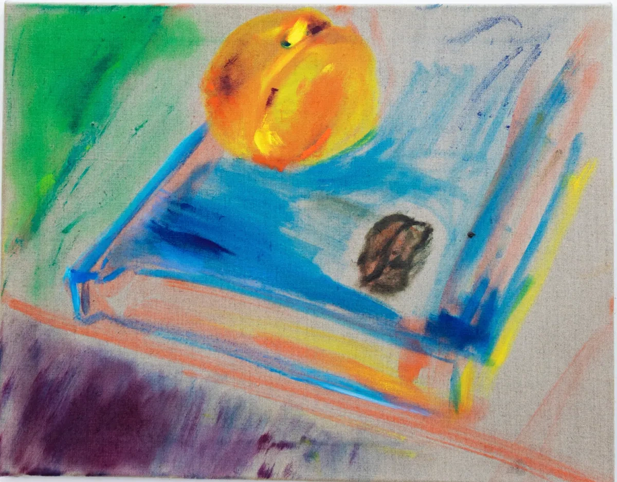 Still life painting of a peach and book in yellow, blue and green
