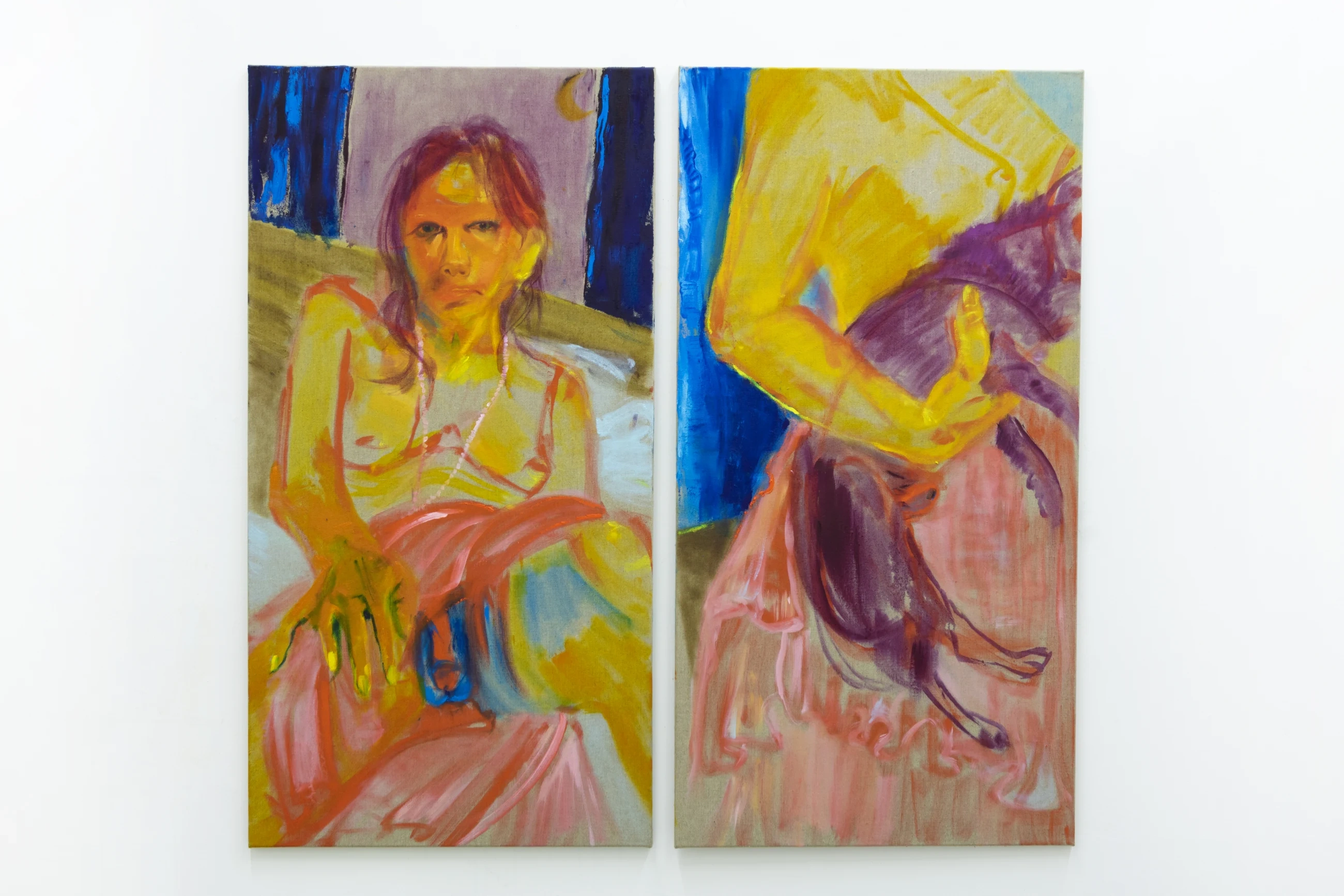 Woman in Skirt, a two-panel figurative painting in yellow, coral, cobalt and violet